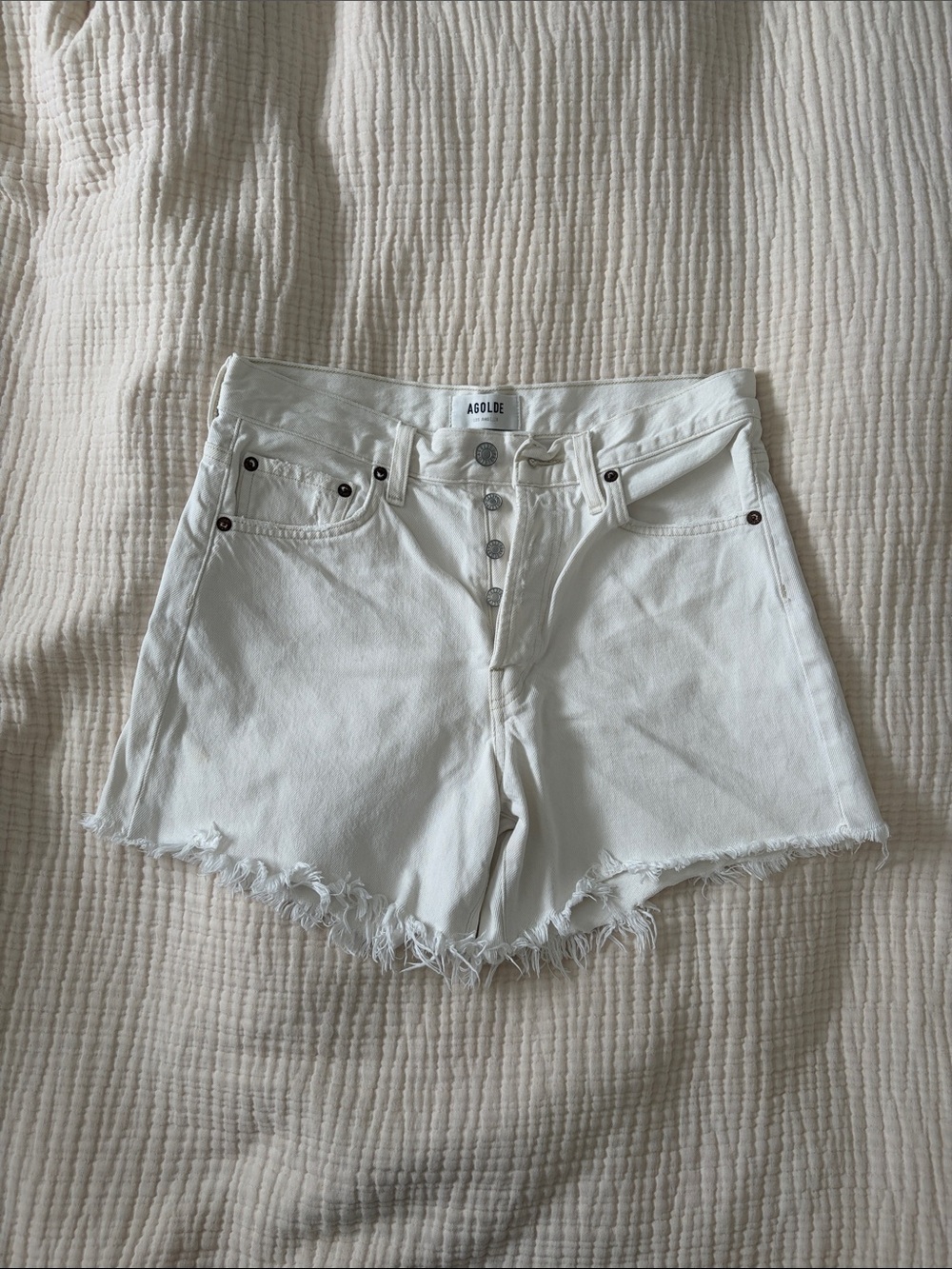 AGOLDE White High-Rise Raw Hem Denim Shorts